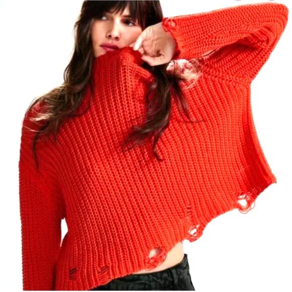 Zara Women's Orange Distressed Knit Sweater Size Medium - Picture 1 of 5